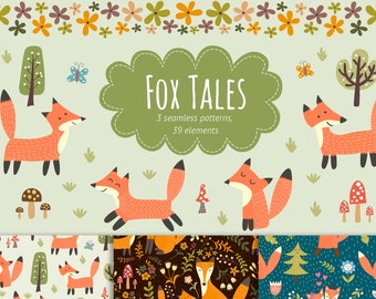 Fox Tales Clipart and Seamless Patterns / Forest animals clip art / Commercial use / Digital paper / Png, Eps, Ai, Jpeg illustration