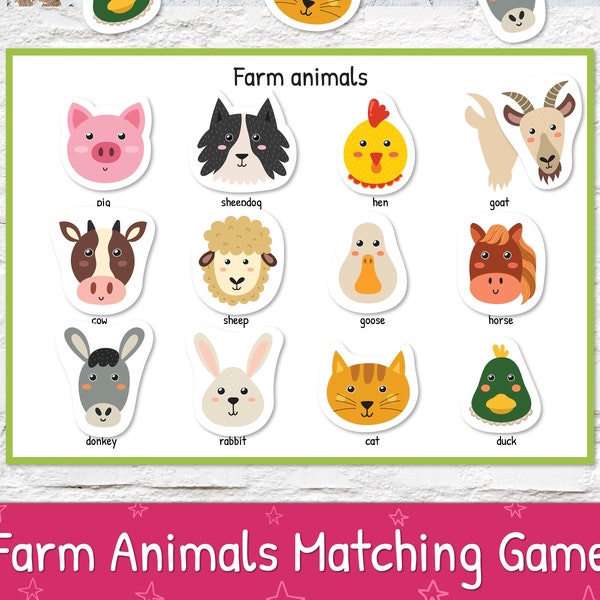 Farm Animals Busy Book Page, Farm Animals Matching Game Worksheet for Toddlers, Farm Animals Learning Binder Page, Quiet Book Printable