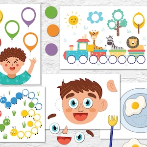 May include: A set of printable activity sheets for children featuring colourful illustrations of balloons, a train, a boy's face, a caterpillar, and a plate of breakfast food. The sheets are designed for matching and sorting activities.