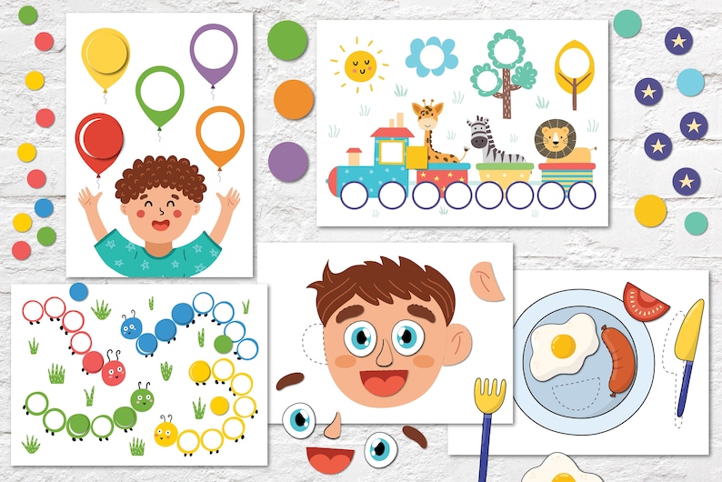 May include: A set of printable activity sheets for children featuring colourful illustrations of balloons, a train, a boy's face, a caterpillar, and a plate of breakfast food. The sheets are designed for matching and sorting activities.