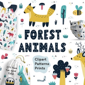 Papier numérique des cliparts forêt, animaux de la forêt Clipart Png, décoration de chambre d'enfant, estampes de la forêt, animaux scandinaves, modèles numériques sans couture