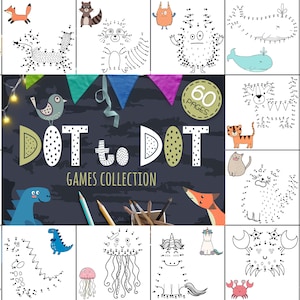 60 Dot to Dot Drawing Games Bundle for kids Printable puzzles Connect the Dots Activity sheets for children / Instant Digital Download