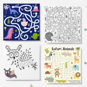 May include: Four printable activity sheets for kids featuring a dinosaur maze, a hedgehog maze, a dot-to-dot owl, and a safari animal crossword puzzle. The sheets are black and white with colorful accents.
