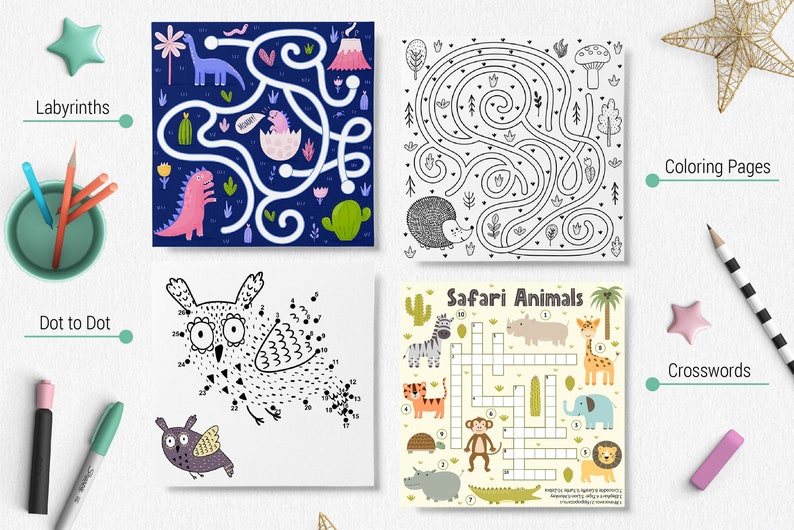 May include: Four printable activity sheets for kids featuring a dinosaur maze, a hedgehog maze, a dot-to-dot owl, and a safari animal crossword puzzle. The sheets are black and white with colorful accents.