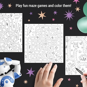 May include: Three black and white maze puzzles with different animal themes. The mazes are on white paper with black lines. The first maze features a hedgehog, the second maze features a caterpillar, and the third maze features an owl and a fox.