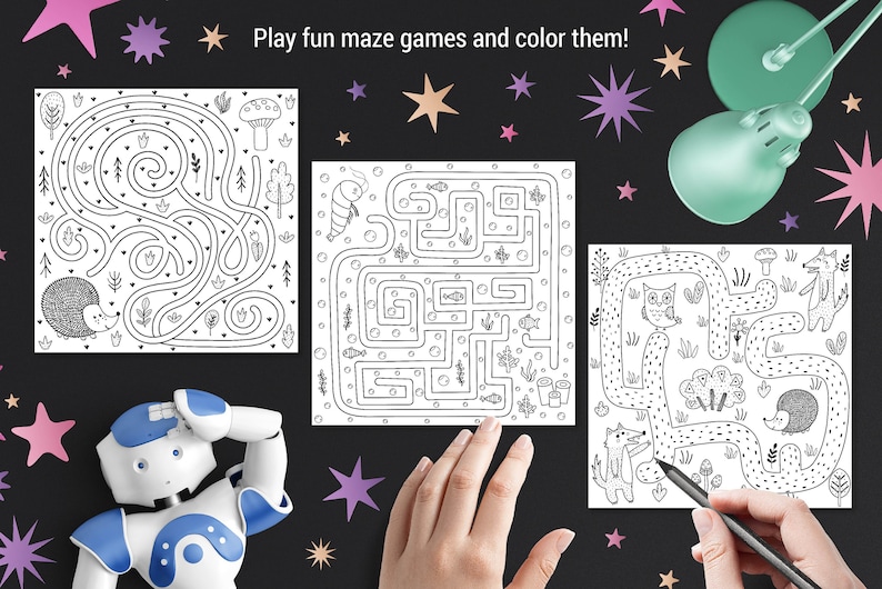 May include: Three black and white maze puzzles with different animal themes. The mazes are on white paper with black lines. The first maze features a hedgehog, the second maze features a caterpillar, and the third maze features an owl and a fox.