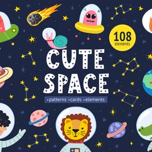 Space Clipart Bundle, Space Seamless Patterns, Cute Astronauts Prints Clip art, Space Digital Paper, Kawai Space, EPS JPEG PNG