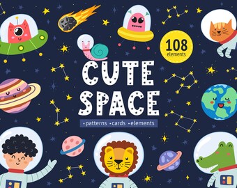 Space Clipart Bundle, Space Seamless Patterns, Cute Astronauts Prints Clip art, Space Digital Paper, Kawai Space, EPS JPEG PNG