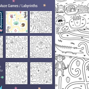 May include: A set of 22 black and white maze games or labyrinths featuring various animal and nature themes. The mazes are designed for coloring and are great for kids.
