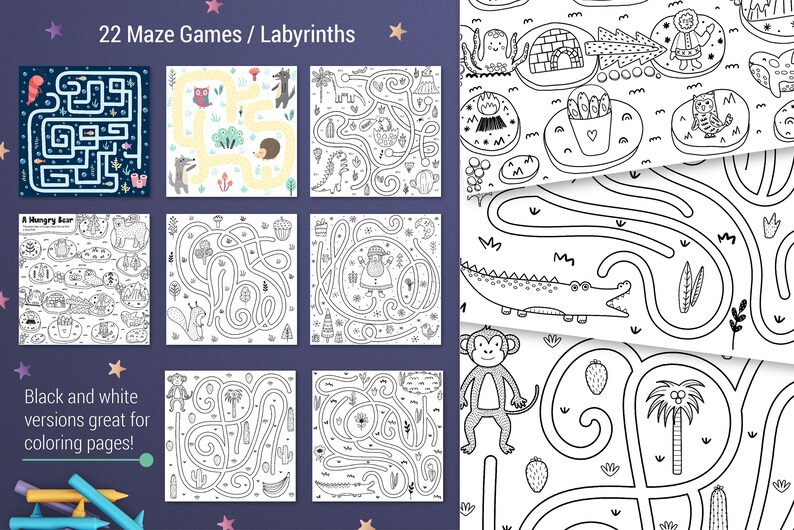 May include: A set of 22 black and white maze games or labyrinths featuring various animal and nature themes. The mazes are designed for coloring and are great for kids.