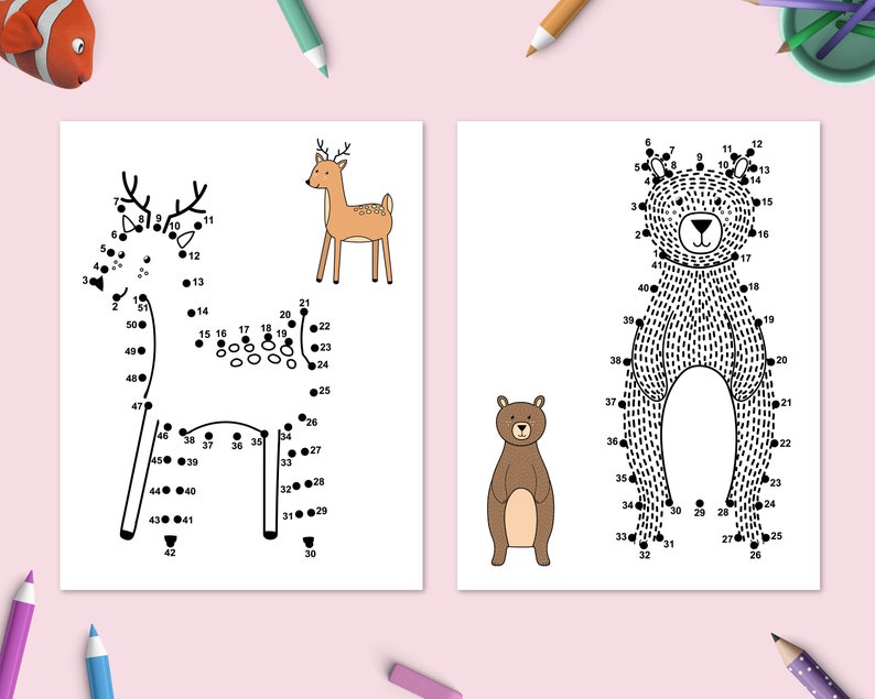 Dot to Dot Book with Forest Animals, Printable Puzzle Connect the Dots, Join Numbers Worksheets, Learning Games Children Workbook image 4