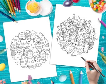Easter Mandalas Coloring Pages, Circle Shape Easter Patterns Printable Coloring Book for Adults and Kids Pdf Egg Hunt Rabbit Coloring Doodle