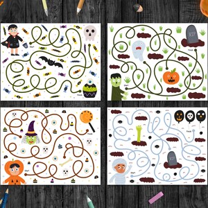 May include: Four Halloween-themed mazes for kids. Each maze features a different character, including a vampire, a ghost, a witch, and a mummy. The mazes are printed on white paper with black lines and colorful illustrations.