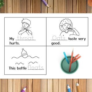 Może przedstawiać: Czarno-biała ilustracja czterech r&oacute;żnych scen. Pierwsza scena przedstawia osobę trzymającą się za gardło i tekst "My throat hurts". Druga scena przedstawia osobę jedzącą miskę owsianki i tekst "Oats taste very good". Trzecia scena przedstawia butelkę unoszącą się na wodzie i tekst "This bottle floats". Czwarta scena przedstawia kubek z oł&oacute;wkami w środku.