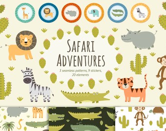 Jungle Animals Clipart and Digital Paper / Safari animals stickers / Lion, elephant, monkey, turtle, giraffe, tiger, crocodiles / Vector PNG