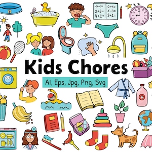 Kinder Hausarbeit Clipart, tägliche Routine Symbole in Farbe und Gliederung, Hausarbeit Clip Art Png SVG Eps, Belohnungstabelle Aufgaben Aufkleber