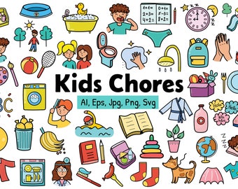 Kids Chores Clipart, Daily Routine Icons in Color and in Outline, Chore Chart Clip Art Png SVG Eps, Reward Chart Tasks Stickers