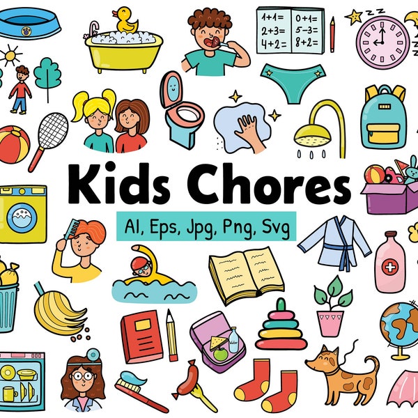 Kids Chores Clipart, Daily Routine Icons in Color and in Outline, Chore Chart Clip Art Png SVG Eps, Reward Chart Tasks Stickers