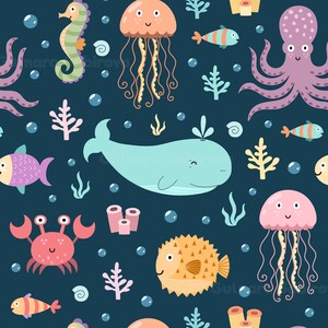 May include: A seamless pattern featuring various sea creatures, including a whale, jellyfish, octopus, seahorse, pufferfish, crab, and fish. The background is a dark blue colour, and the creatures are in various shades of pink, blue, yellow, orange, and purple.
