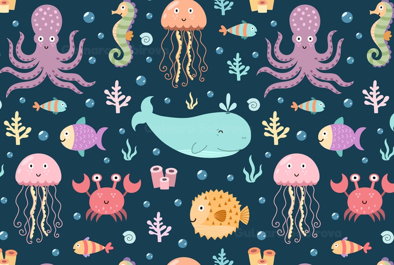 May include: A seamless pattern featuring various sea creatures, including a whale, jellyfish, octopus, seahorse, pufferfish, crab, and fish. The background is a dark blue colour, and the creatures are in various shades of pink, blue, yellow, orange, and purple.