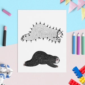 May include: A black and white connect-the-dots activity featuring a sloth. The sloth is shown in two poses, one curled up and one stretched out. Numbers 1 through 35 are scattered around the sloth's outline.