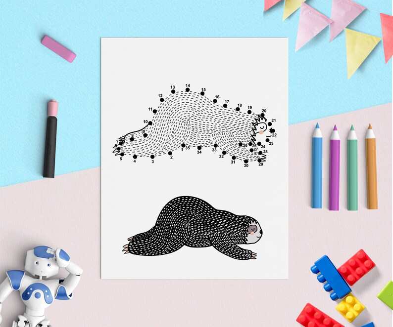 May include: A black and white connect-the-dots activity featuring a sloth. The sloth is shown in two poses, one curled up and one stretched out. Numbers 1 through 35 are scattered around the sloth's outline.