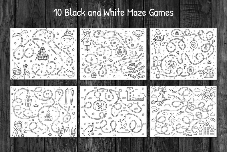 May include: Ten black and white Halloween maze games featuring various characters and objects, including a witch, a ghost, a pumpkin, a bat, a spider, a cauldron, a coffin, a haunted house, and a candy corn.