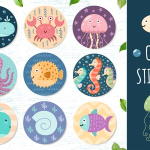 May include: Set of ten colourful round stickers featuring cute cartoon sea creatures, including a whale, crab, jellyfish, octopus, pufferfish, seahorse, seashell, and fish. The stickers say "Cute Stickers" at the top.
