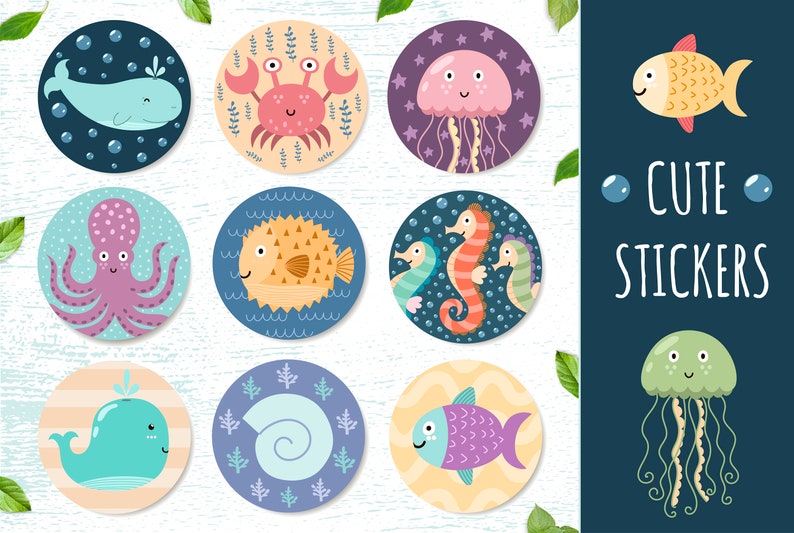 May include: Set of ten colourful round stickers featuring cute cartoon sea creatures, including a whale, crab, jellyfish, octopus, pufferfish, seahorse, seashell, and fish. The stickers say "Cute Stickers" at the top.