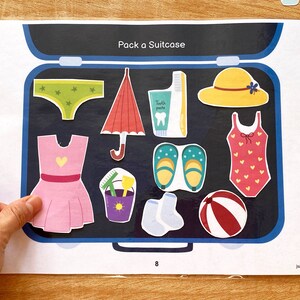 Puede incluir: Una maleta azul con una variedad de art&iacute;culos en su interior, incluyendo un vestido rosa, un traje de ba&ntilde;o, un sombrero, un paraguas, sandalias, calcetines, una pelota de playa, un cubo y un cepillo de dientes. El texto "Pack a Suitcase" est&aacute; en la parte superior de la imagen.
