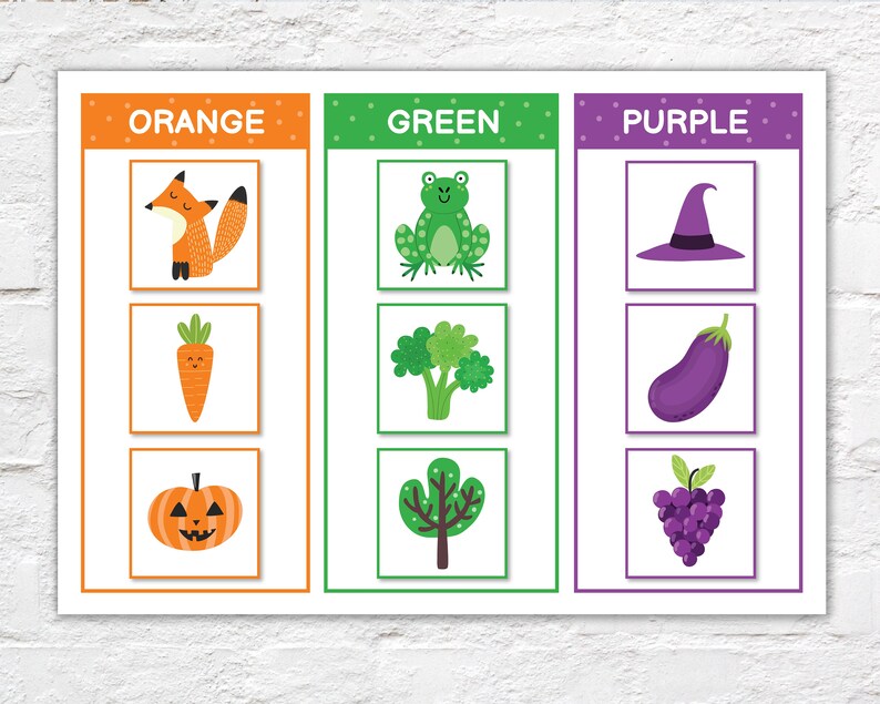 May include: A colorful educational poster with three sections labeled "ORANGE", "GREEN", and "PURPLE". Each section features three illustrations: a fox, carrot, and pumpkin for orange; a frog, broccoli, and tree for green; and a witch's hat, eggplant, and grapes for purple.