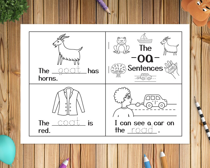 Może przedstawiać: Czarno-biała karta pracy z obrazkami i zdaniami do ćwiczenia kombinacji liter "oa". Zdania zawierają "The goat has horns", "The coat is red", i "I can see a car on the road".