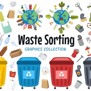 Clipart tri des déchets, recyclage des déchets graphiques, sauver la planète Terre Clip Art, environnement écologique réutilisation des déchets plastique papier verre