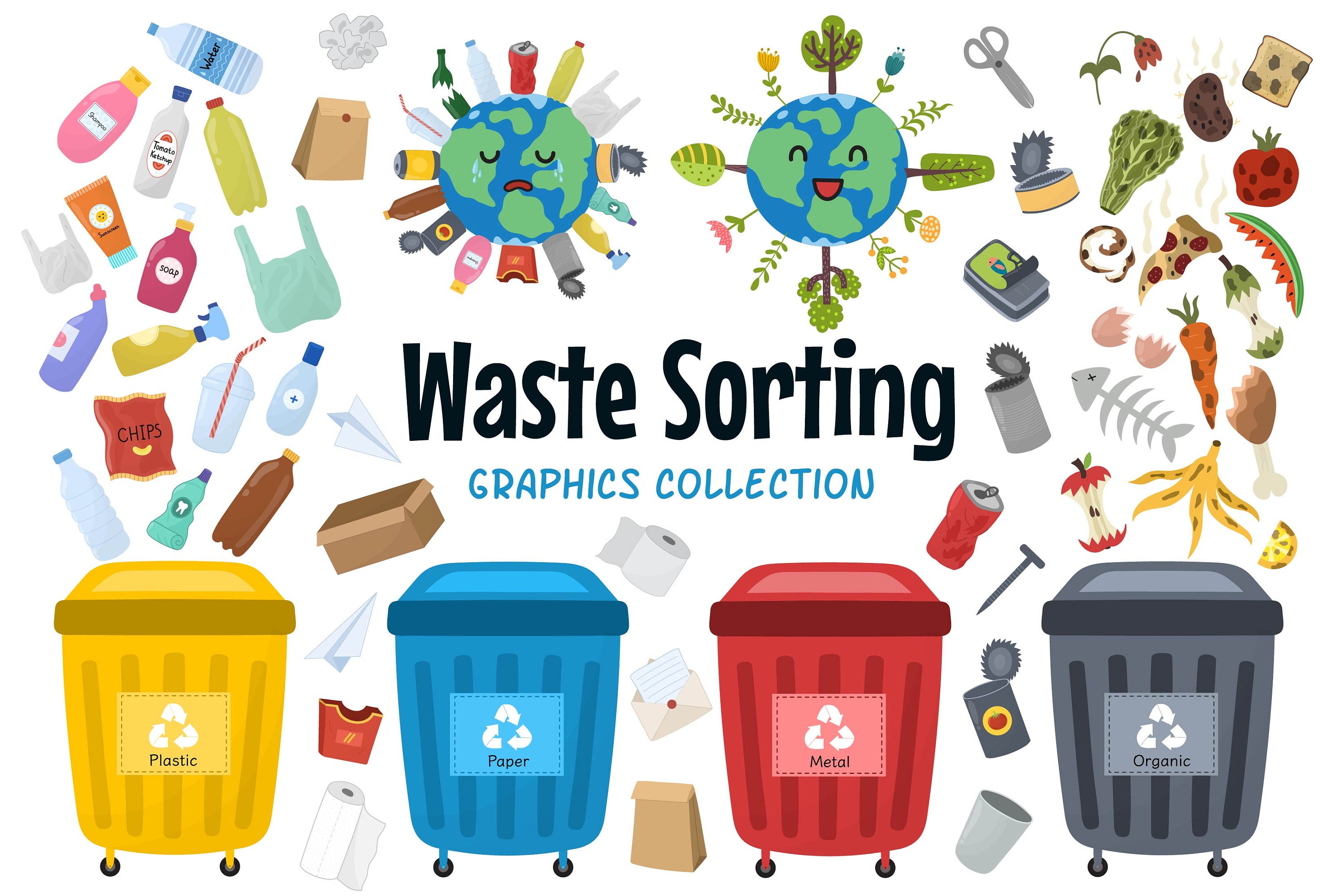 6 Waste Sorting Bins Illustrations - Graphics