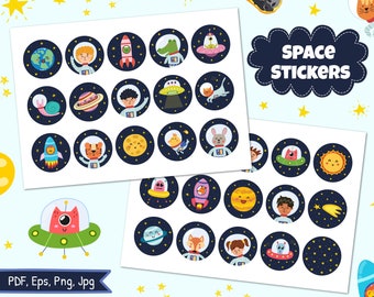 Space Stickers Printable Pdf, Space Cupcake Toppers, Circle Stickers for Planner, Digital Round Stickers Pack, 2 inches Circle Stickers