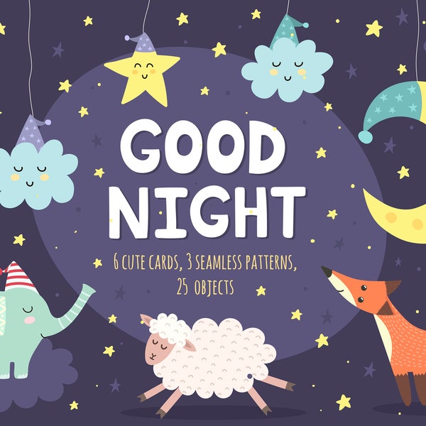 Good Night Clipart and Digital Paper - Sweet Dreams Seamless Patterns with Moon, Fox, Ship - Cute Cards Digital Clip art Instant Download