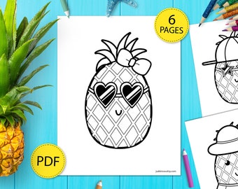 Pineapple Coloring Book Pages, Summer Pineapple Coloring Book Pdf, Kids Coloring Book, Fruit Digital Coloring Pages, Pineapple in Sunglasses