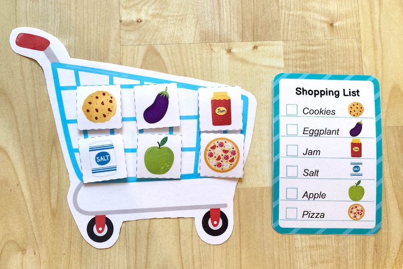 May include: A blue shopping trolley with various food items, including cookies, aubergine, jam, salt, an apple, and pizza. A shopping list with checkboxes is next to the trolley, with the same items listed.