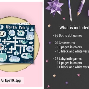 May include: A set of printable activity sheets for kids featuring a North Pole theme. The set includes 36 dot-to-dot games, 20 crosswords, and 22 labyrinth games. The crosswords and labyrinths are available in both color and black and white versions.