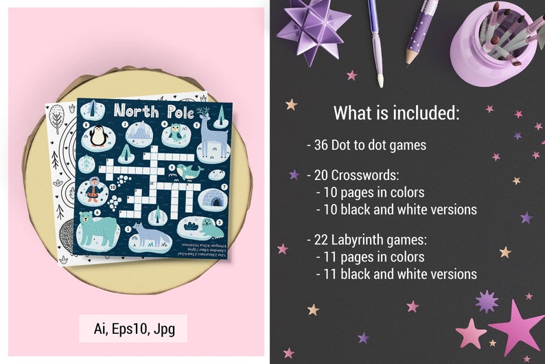 May include: A set of printable activity sheets for kids featuring a North Pole theme. The set includes 36 dot-to-dot games, 20 crosswords, and 22 labyrinth games. The crosswords and labyrinths are available in both color and black and white versions.
