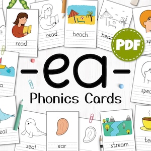 May include: Black and white phonics flash cards featuring illustrations of various objects and the word 'ea' written in large black letters. The words 'sea', 'read', 'beach', 'speak', 'seal', 'ear', 'tea', and 'stream' are written on the cards.