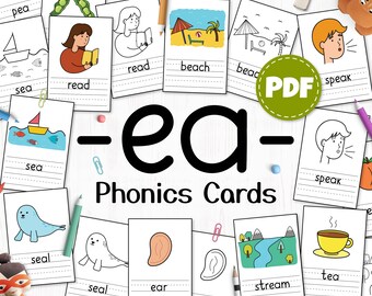 Karty dźwiękowe Ea Phonics, -Ea- Digraph do wydrukowania, ćwiczenia fonetyczne, mini książka z zasadami pisowni fonetycznej, arkusze ćwiczeń dla klasy 1