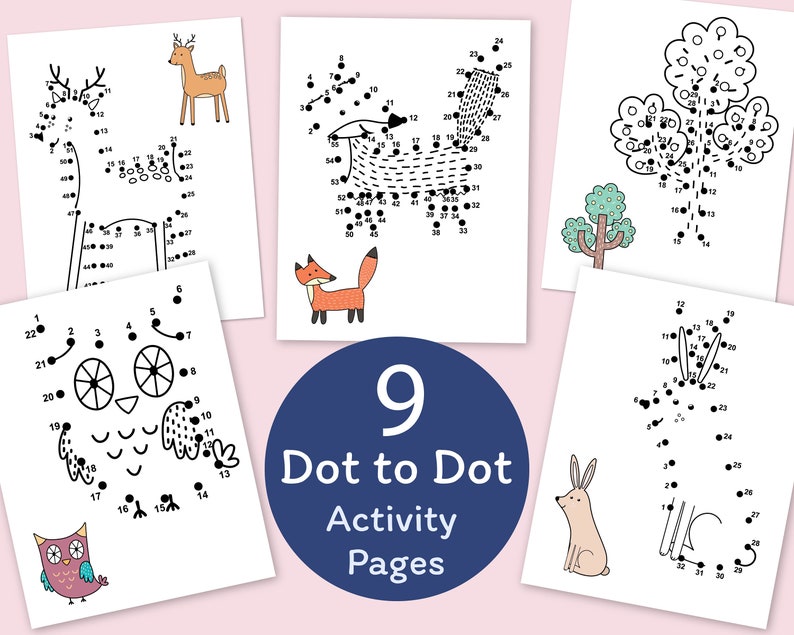 Dot to Dot Book with Forest Animals, Printable Puzzle Connect the Dots, Join Numbers Worksheets, Learning Games Children Workbook image 1