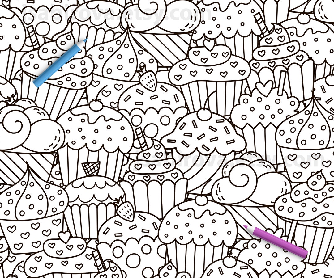 Coloring Page With Cupcakes, Printable Coloring Page for Adults and