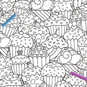 Coloring Page with Cupcakes, Printable Coloring Page for Adults and Kids, Doodle Cupcakes Coloring Book Page Pdf, Pattern for Coloring