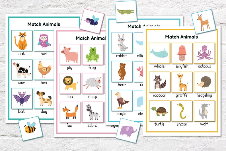 May include: A set of colourful matching cards featuring various animals, including a cat, owl, pig, frog, rabbit, alligator, whale, jellyfish, octopus, cow, hen, bear, raccoon, giraffe, hedgehog, bat, dog, eagle, elephant, fox, zebra, turtle, snake, and wolf. The cards are designed for educational purposes and can be used for learning animal names and matching.