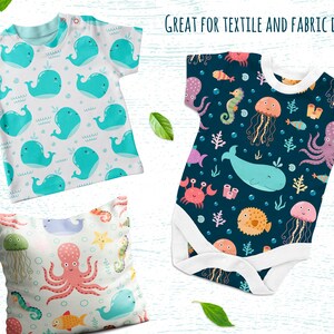 May include: Three different fabric designs featuring cute sea creatures. The first design features a blue whale on a white background. The second design features a variety of sea creatures including an octopus, a jellyfish, a seahorse, and a whale on a dark blue background. The third design features an octopus, a whale, a seahorse, and a starfish on a light blue background.  "GREAT FOR TEXTILE AND FABRIC DESIGN" is written in black text at the top of the image.