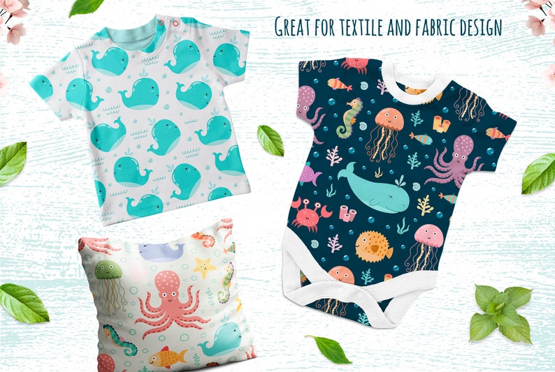 May include: Three different fabric designs featuring cute sea creatures. The first design features a blue whale on a white background. The second design features a variety of sea creatures including an octopus, a jellyfish, a seahorse, and a whale on a dark blue background. The third design features an octopus, a whale, a seahorse, and a starfish on a light blue background.  "GREAT FOR TEXTILE AND FABRIC DESIGN" is written in black text at the top of the image.