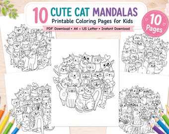 Cats Mandalas Coloring Book, Cute Cats Printable Coloring Pages for Kids and Adults Pdf, Feline  Coloring Book, Cat Coloring