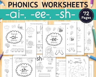 Phonics Printable Workbook, 1st Grade Worksheets for Kids, 2nd Grade, Preschool Worksheets Montessori Hand Lettering Spelling Rules Ai Ee Sh